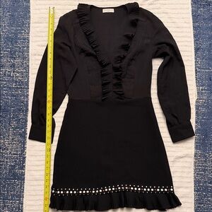 Sandro Black Long-Sleeve Ruffle Mini Dress with Stud Trim